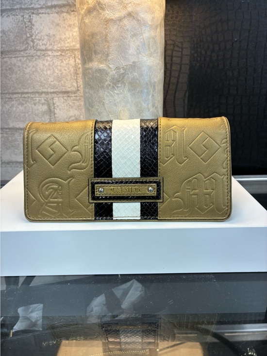 L.A.M.B. Handbags - L.A.M.B Gold Embossed Leather Clutch with Black & White Stripe
